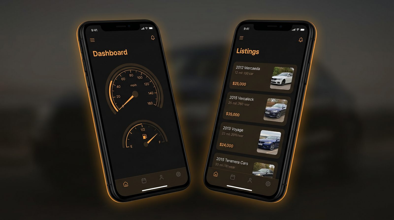 Unified automotive app, dashboard and listings screens on two phones