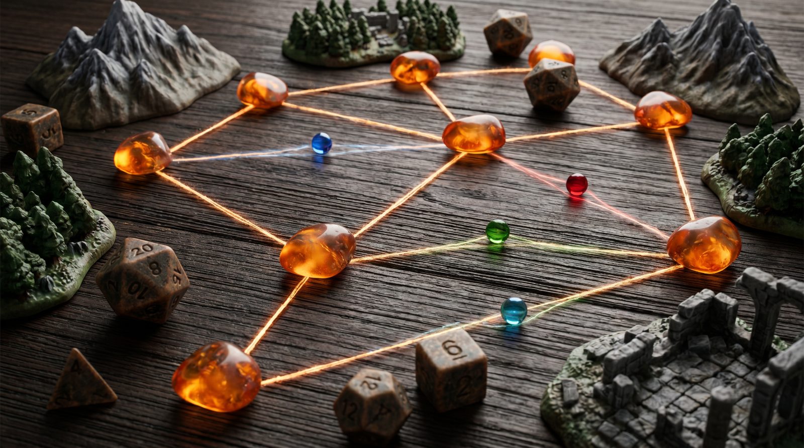 StoryQuestAI branching campaign map with glowing nodes and player tokens
