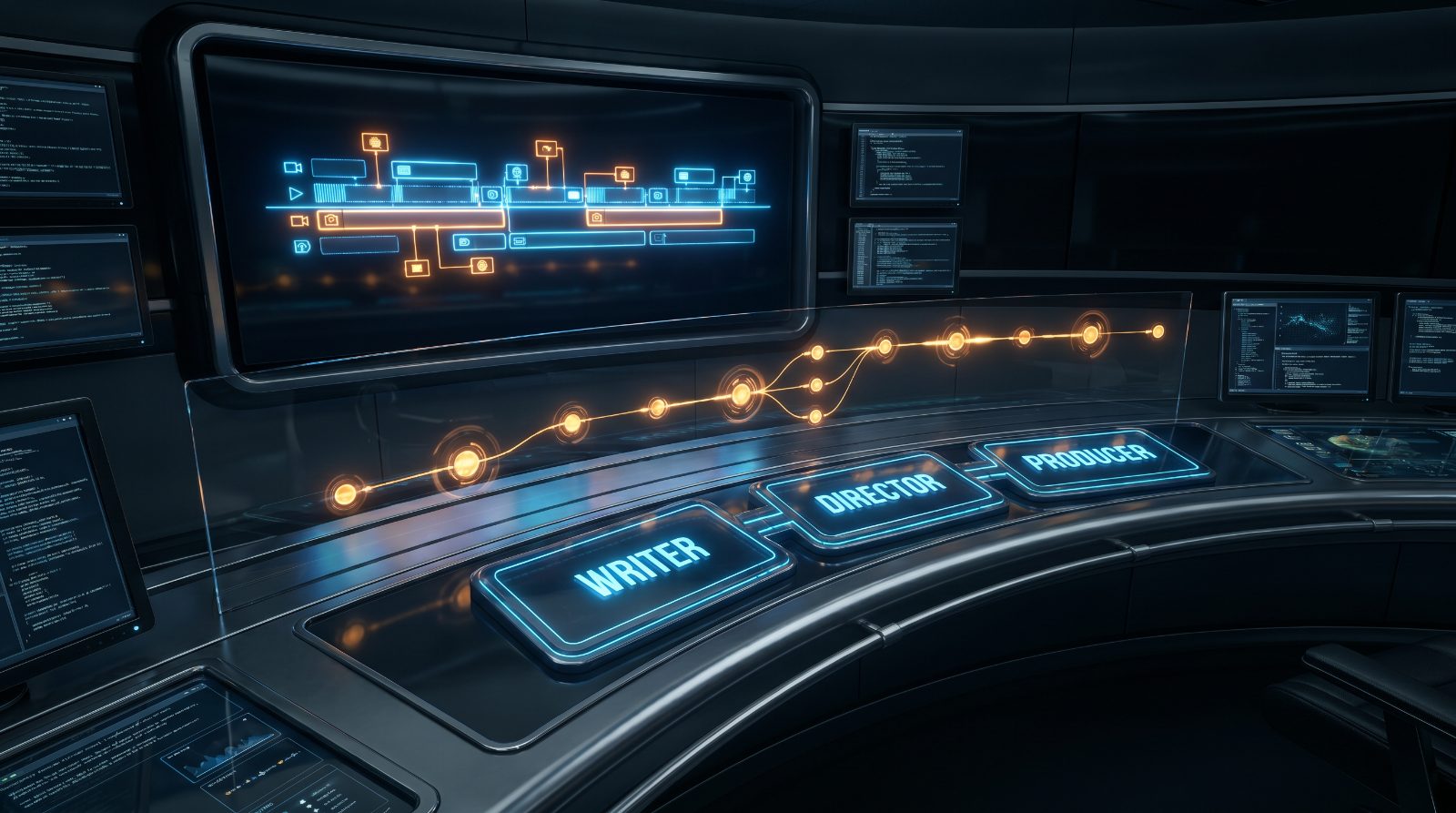 Velreel AI video-ad pipeline interface, writer, director, and producer stages